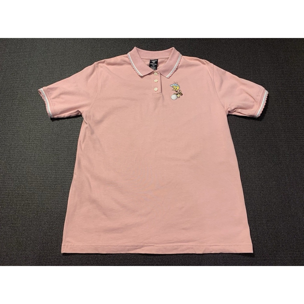 Warner Bros Polo Shirt Pink Womens Size Medium Vintage Tweety Bird 90s Golf 1996